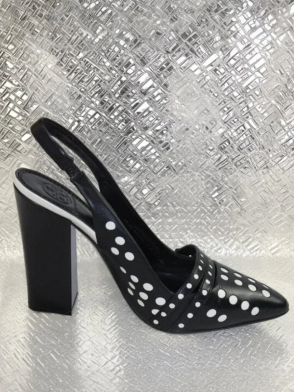 Tory Burch Kay Black Ivory Polka Dot Leather Sling Back Heels, Size 6.5